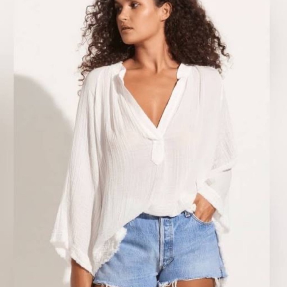 9 Seed Marrakesh Dashiki 100% Muslin Cotton Gauze Wide Bell Sleeve White Top Sm